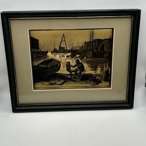 Lionel Barrymore Etching Print Purdys Basin Harbor Scene Fisherman Framed READ